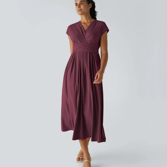 Halara Breezeful Midi Dress Burgundy Large V Neck Cap Sleeves Tie Back Pockets - Picture 11 of 11